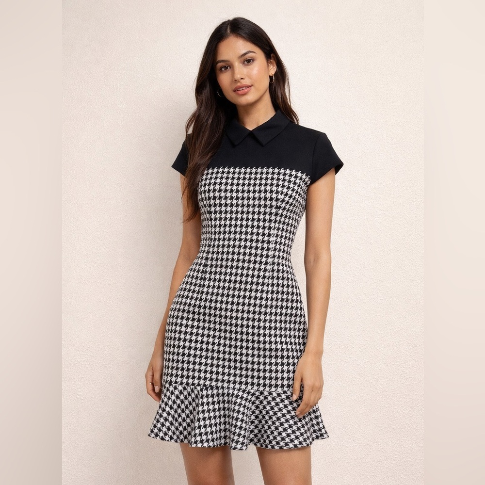 Maggy London Black and White Houndstooth‎ Fit-and-Flare Mini Dress 4P